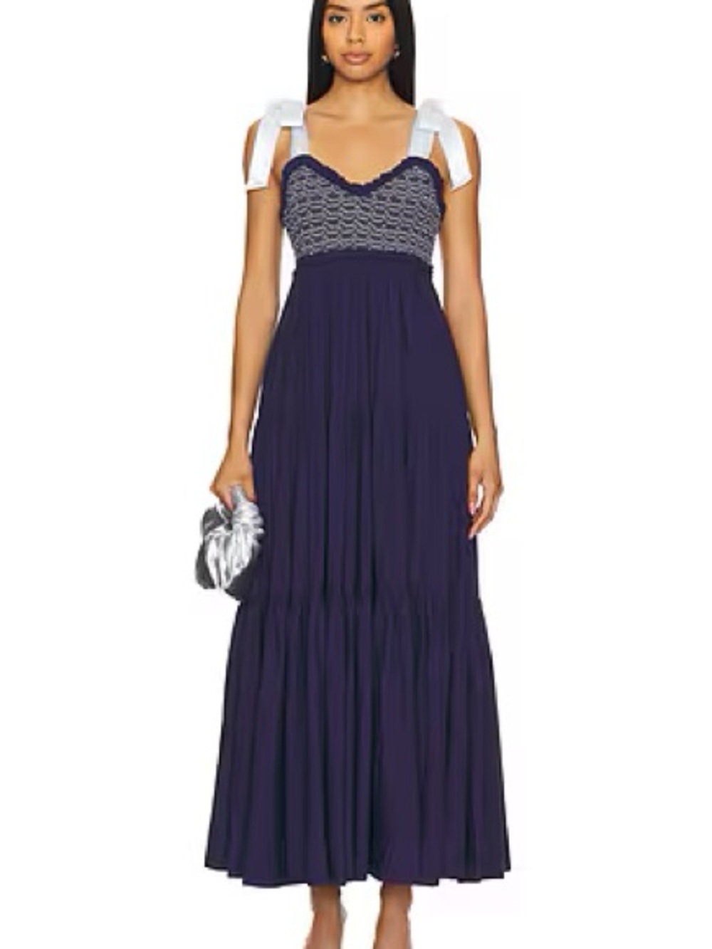 Free People Navy Maxi Dress with White Shoulder Ties